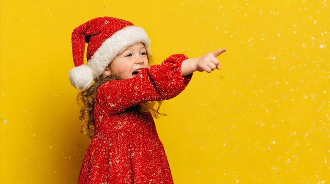 Excited young girl in a festive red dress and Santa hat joyfully points at something off-screen surrounded by sparkling snowflakes against a bright yellow backdrop.