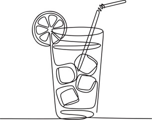 Continuous Line Art Illustration of Tall Cocktail Glass with Ice Cubes Straw and Citrus Slice Minimal Style Version 2