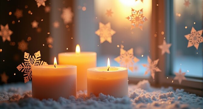 Christmas candles with paper snowflakes on window, magical winter transformation
