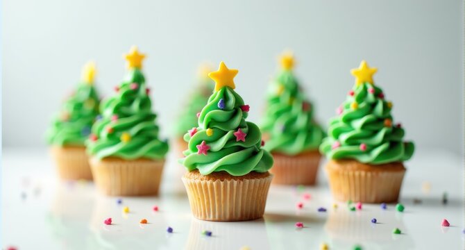 Christmas tree cupcakes with green frosting on white, playful holiday baking - Powered by Adobe