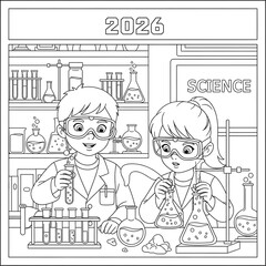 Coloring page of kids conducting science experiments isolated on white background
