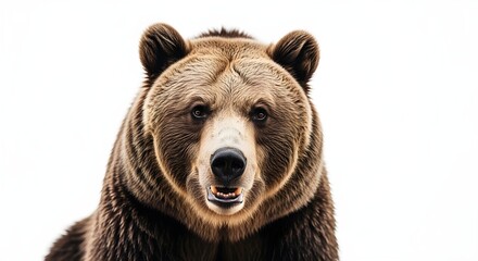 A large brown bear looks forward against a white background, a powerful concept representing wilderness strength, danger, and nature protection