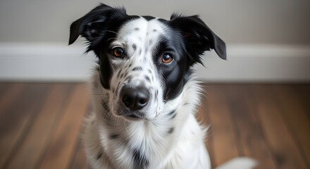 A black and white spotted dog sits on a wooden floor, a domestic concept perfect for pet care, home obedience training, and animal adoption