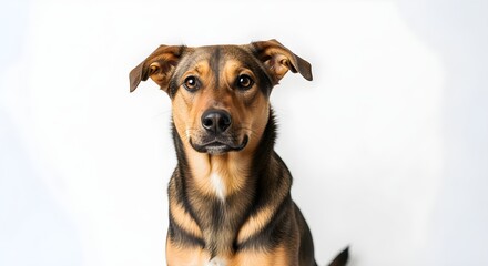 A brown mixed-breed dog looks attentively against a white background, a concept perfect for animal shelters, adoption, and canine loyalty