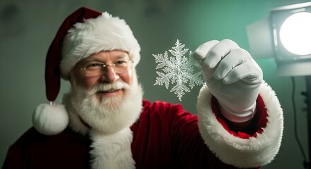 Smiling Santa Claus in a red suit and hat holding a large, beautiful snowflake in his gloved hand.