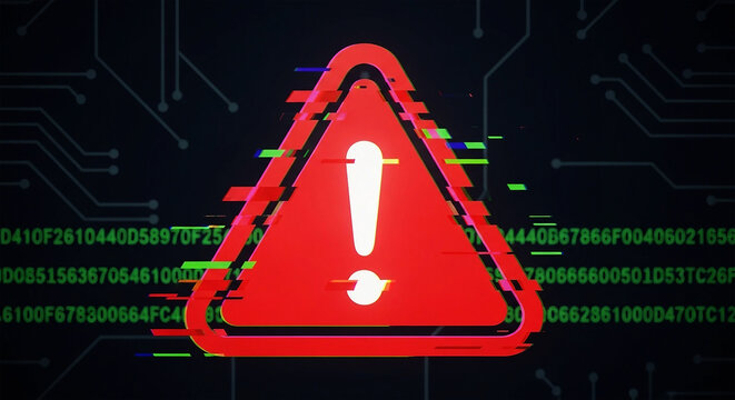 Red Glitchy Exclamation Mark Warning Symbol on Digital Circuit Board Background alert attention