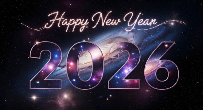 Happy new year 2026 with a cosmic galaxy background