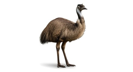 An emu stands tall in profile against a white background, a professional concept perfect for exotic birds, wildlife education, and Australian nature