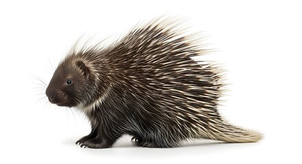 Fototapeta premium A spiky porcupine stands in profile against a white background, a concept representing self-defense, exotic wildlife, and unique animal anatomy