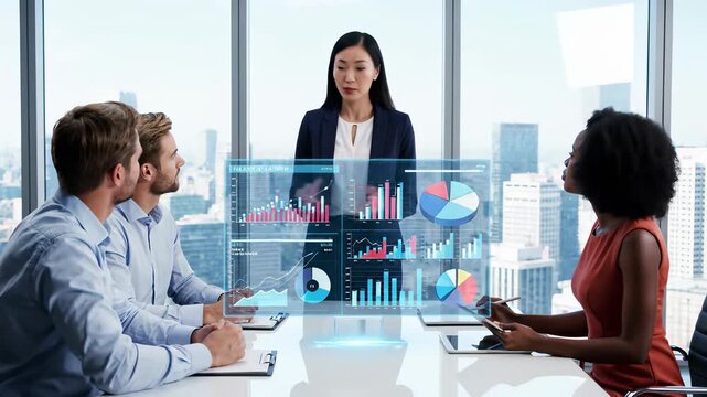 Business professionals analyzing financial trends on screens, surrounded by laptops and monitors, capturing the essence of data driven decision making and team collaboration for use in corporate.