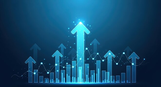 Abstract finance background with glowing light blue upward trend bar chart and arrows indicating growth in digital data visualization with data line over dark blue background