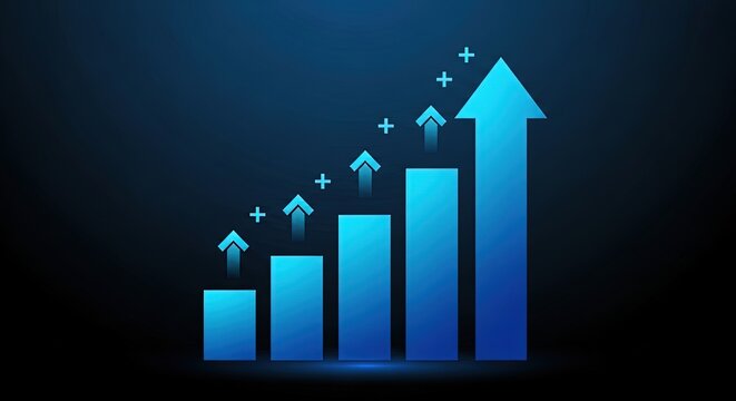 Abstract finance background with glowing light blue upward trend bar chart and arrows indicating growth in digital data visualization over dark blue background