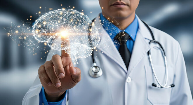 Doctor Interacting with Digital Brain Illustration Future Medicine Artificial Intelligence Concept Neurological Diagnostics and Smart Healthcare Technologies