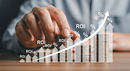 Close up hand stacking coins with increasing bar graph representing ROI Return On Investment and percentage signs indicating business growth on wooden table