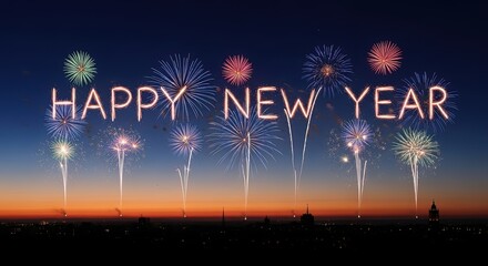 Happy New Year fireworks over city skyline at dawn with vibrant colorful explosions celebratory greeting banner vibrant atmosphere