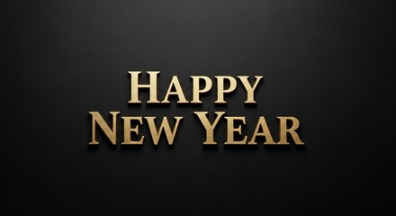Happy New Year golden 3D text on a black leather texture background for a sophisticated and classic holiday celebration design