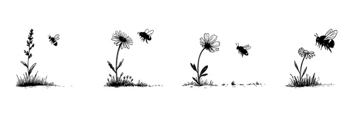 Bees And Flowers Doodle Sketch Set. Pollination And Nature'S Harmony In Hand Drawn Style Collection. Illustrates Ecosystem Balance And Biodiversity. Hand Drawn Isolated Vector Illustration