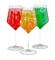 Set of wine glasses with colorful drinks and ice cubes. 3d illustration isolated on white