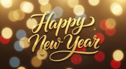 Happy New Year golden text with sparkling glitter and colorful bokeh lights festive celebration background for greeting card design