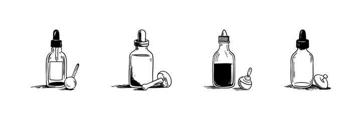 Dropper Bottles Doodle Sketch Set. Essential Oils, Aromatherapy, And Skincare Solutions In Hand Drawn Style Collection. Natural Remedies And Wellness. Hand Drawn Isolated Vector Illustration