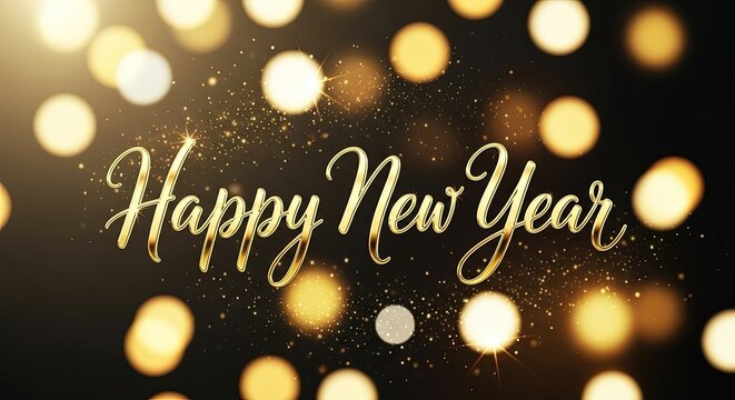 Happy New Year golden text with sparkling glitter and bokeh lights festive celebration background for greeting card design
