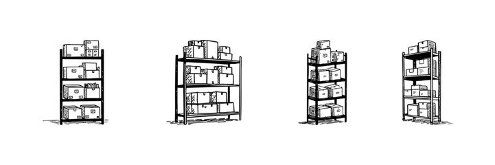 Warehouse Shelving Units Doodle Sketch Set. Storage Organization And Inventory Management In Hand Drawn Style Collection. Industrial And Commercial Use. Hand Drawn Isolated Vector Illustration