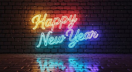 Happy New Year neon sign glowing on a dark brick wall with colorful reflection on wet floor creating vibrant urban aesthetic for celebration