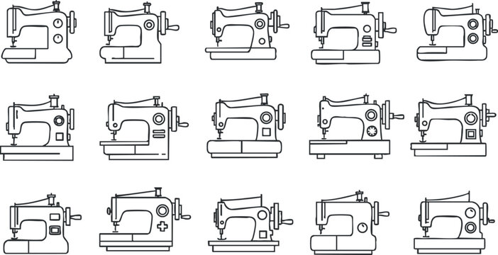 Outline vector icon set featuring various sewing machines, ideal for crafting, fashion design, and textile projects
