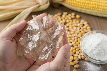 Close-up shot of hands holding a transparent, compostable bioplastic film made from corn starch