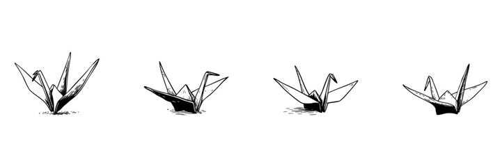 Fototapeta premium Origami Crane Doodle Sketch Set. Symbol Of Peace, Hope, And Japanese Culture In Hand Drawn Style Collection. Traditional Paper Folding Art. Hand Drawn Isolated Vector Illustration