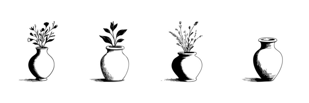 Vase And Plant Doodle Sketch Set. Decorative Floral Arrangements And Minimalist Home Decor In Hand Drawn Style Collection. Elegant Botanical Illustrations. Isolated Vector Illustration