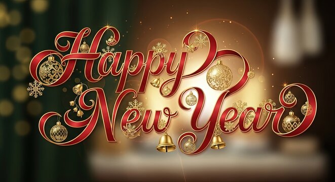 Happy New Year text with festive ornaments bells snowflakes on red and gold background decorative lettering holiday celebration banner