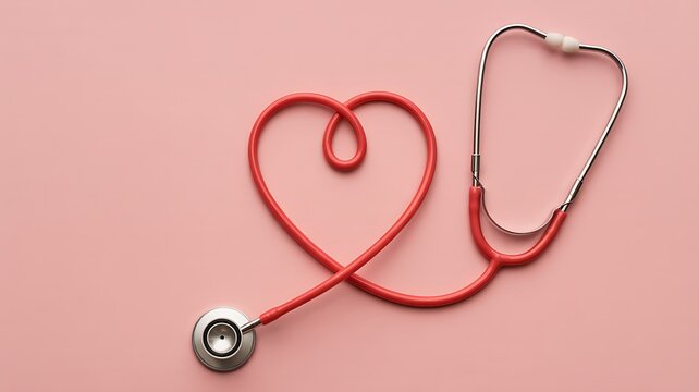 Red stethoscope forming a heart shape on a pink pastel background