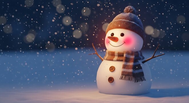 Cheerful snowman wearing a striped scarf and knitted hat standing in falling snow winter