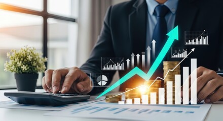 Businessman working at office with calculator and financial documents displaying various graphs charts and stacked coins indicating business growth and success