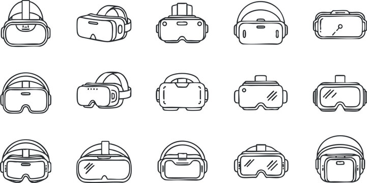 Line art vector icon set featuring various virtual reality headsets, perfect for technology and gaming applications