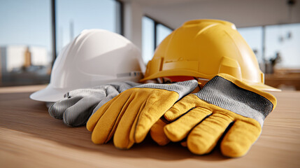 Safety equipment with yellow and white hardhats and protective gloves on wooden table. Construction workplace gear for worker protection. Industrial personal protective equipment, occupational safety.