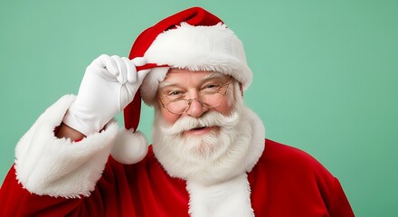 A cheerful Santa Claus with a white beard and glasses, wearing a traditional red suit, tips his hat with a friendly smile against a mint green background.