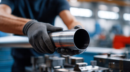 Industrial worker holding polished steel pipe in factory. Technician hands in gloves inspecting metal tube quality. Manufacturing production process with engineering precision, professional equipment.