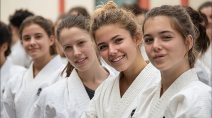 Young martial artists share joyful smiles while preparing for their training session together.