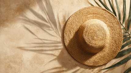 A beautiful straw hat lies on a textured surface with palm leaves creating fun shadows nearby.