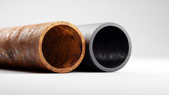 Corroded rusty pipe versus protected steel tube comparison. Industrial metal pipes showing rust damage and anticorrosive coating quality. Construction, plumbing, infrastructure maintenance concept. - Powered by Adobe