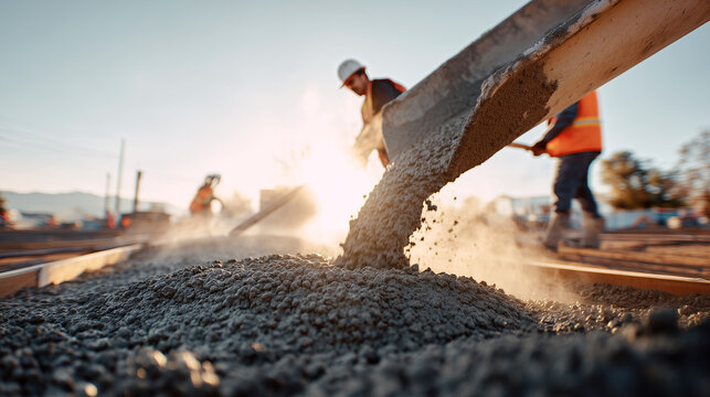 Workers pouring fresh concrete from shovel at construction site with sunlight. Cement mixture flowing onto foundation with motion. Building infrastructure development project, professional teamwork.
