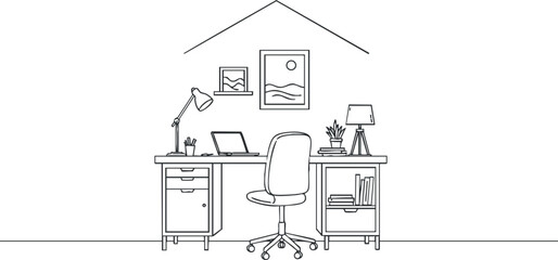 Minimalist line art illustration of a modern home office workspace featuring a desk, chair, lamp, and bookshelf