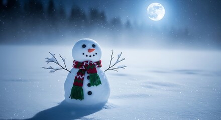 Snowman with red green scarf under full moon in snowy night landscape winter