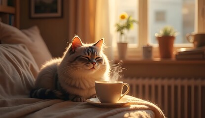 A serene cat lounging beside a steaming cup of tea on a cozy blanket in warm sunlight indoors