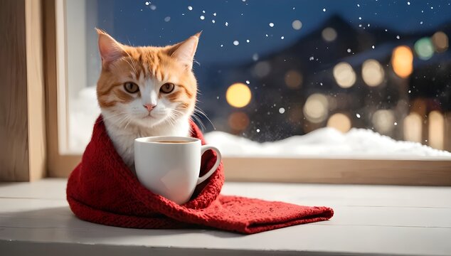 Orange cat with red scarf and coffee mug sitting by the window on a snowy winter night scene - Powered by Adobe