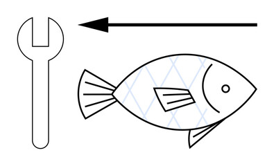 Mechanical concept. Mechanical tools and a directional arrow with geometric fish depict abstract ideas. Mechanical concepts for engineering, design, diagrams, symbolism, ideas