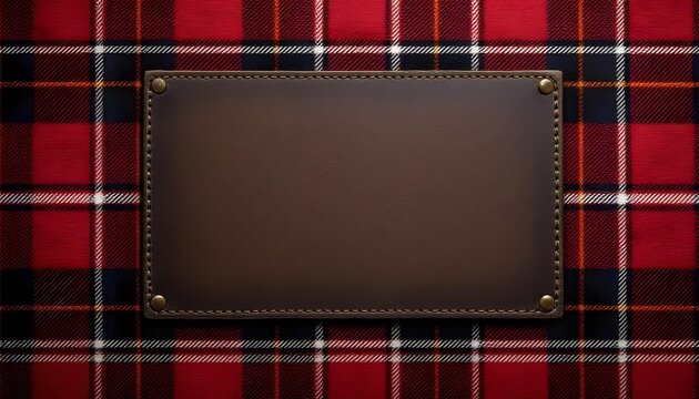 A detailed red plaid flannel pattern with a central leather patch presenting rustic buffalo textile craft festive winter fabric design