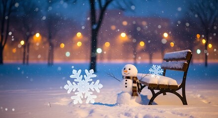 Snowman and snow covered park bench with large snowflake and bokeh lights at dusk winter